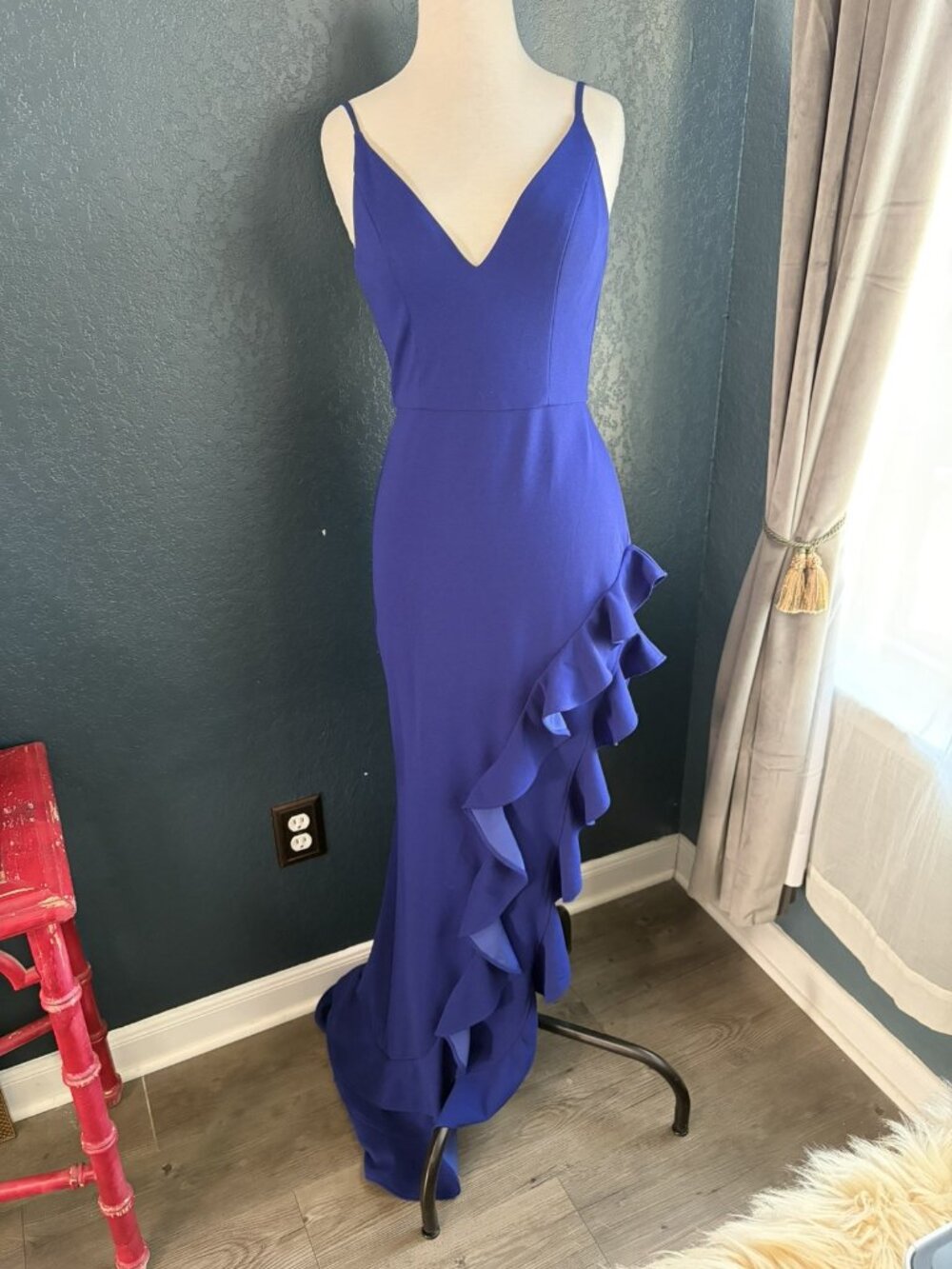 DB Studio Asymmetrical Ruffled Slit Crepe Dress Royal Blue ‘Horizon’ Size 2 Hoco